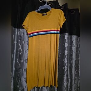 Mustard Dress with Rainbow Stripes